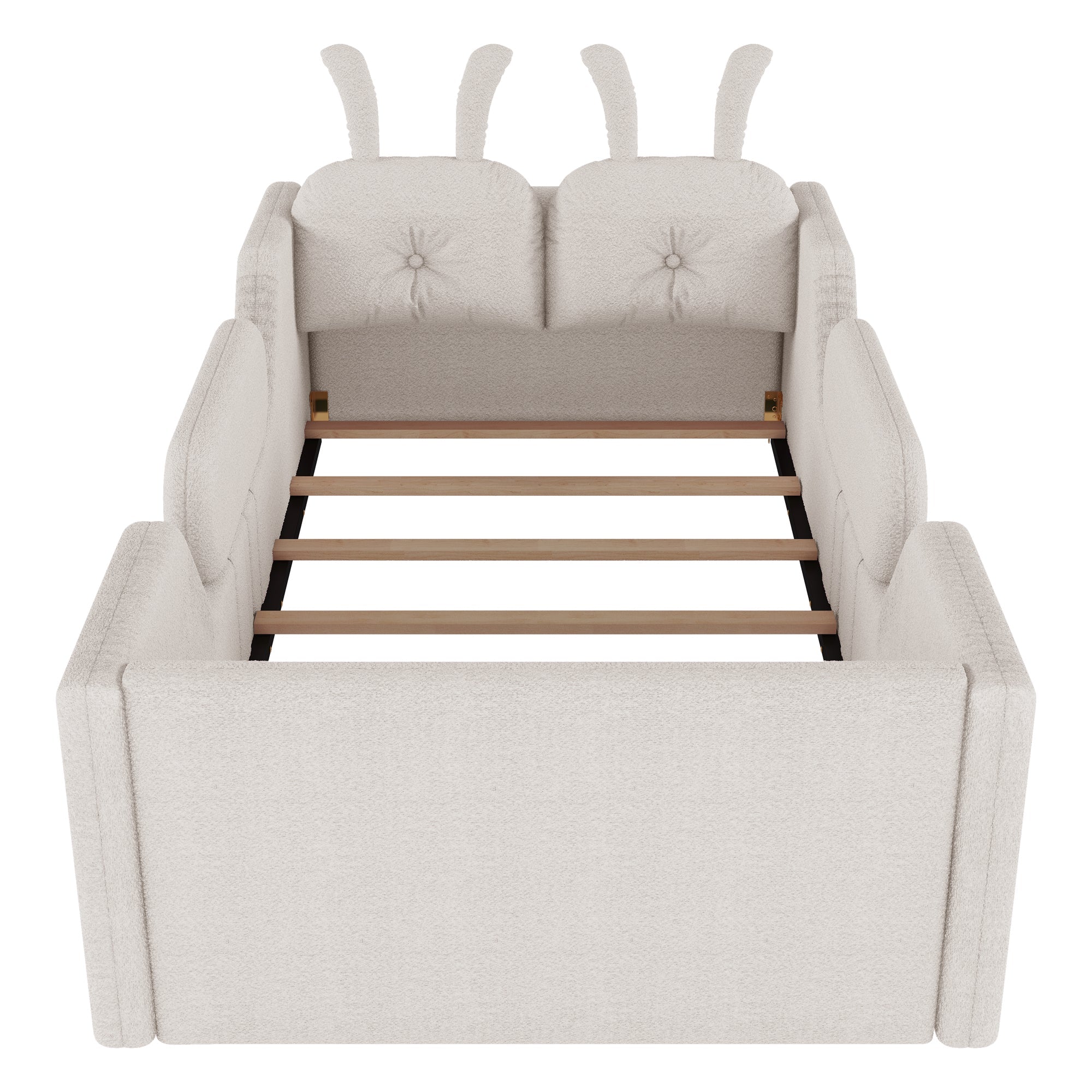 Twin Size Upholstered Platform Bed with Rabbit Cushion, Kids Floor Upholstered Bed with Removable Side Rails, White(Expect Arrival Date 2025/1/15)