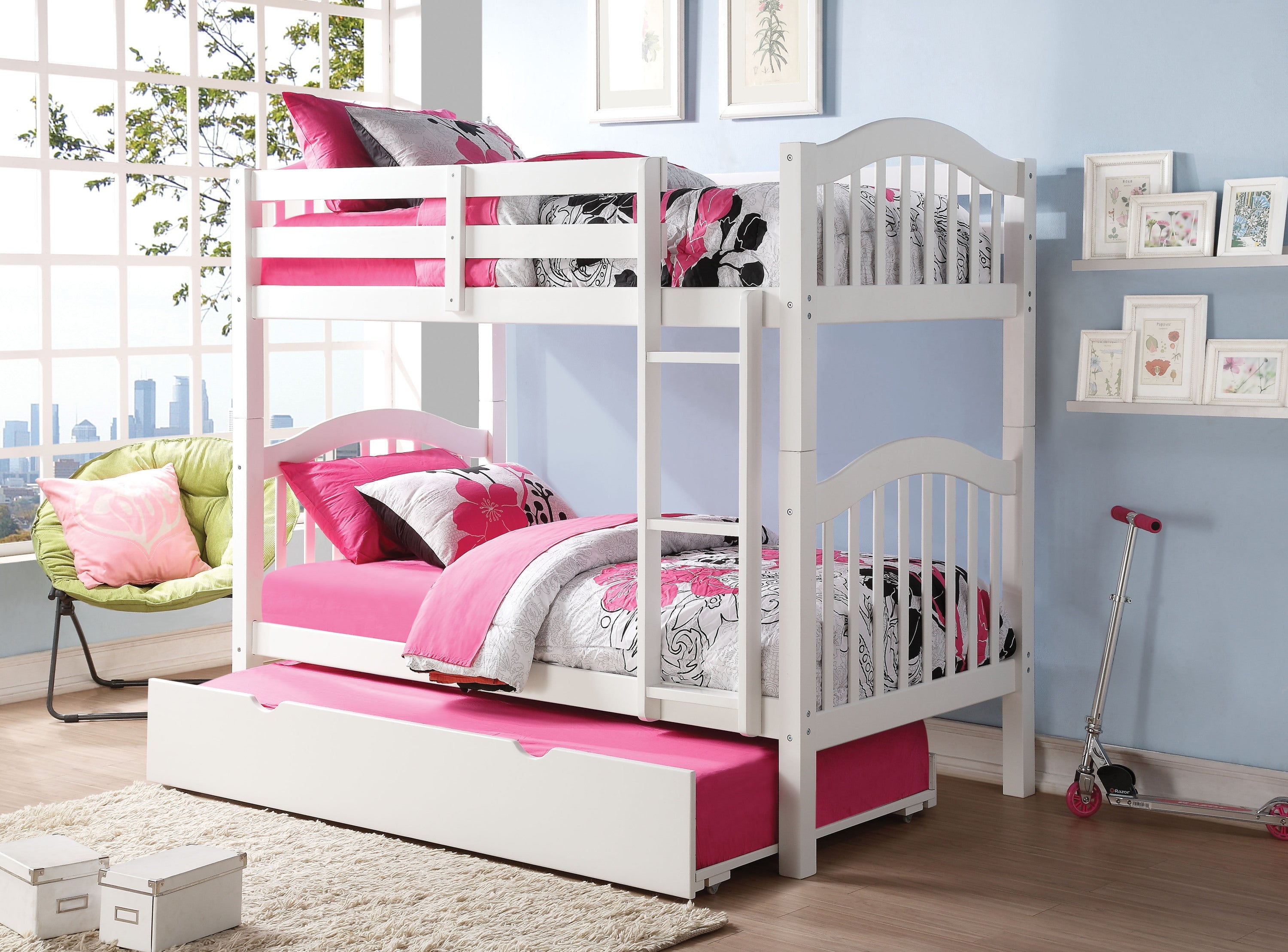 White Twin Over Twin Bunk Bed with Built-in Ladder