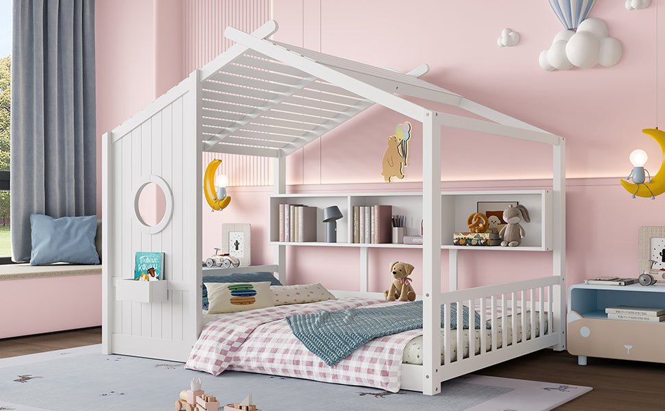Full Size Floor House Bed for Toddler, Kids Montessori Bed  with Storage Shelf, Playhouse Bed with Roof Design, White
