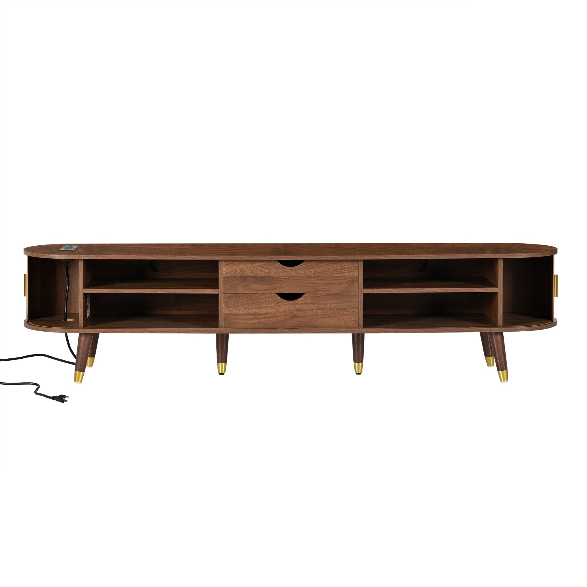 Wooden Oval Fluted TV Stand with Charging Station for TV up to 80', Mid-Century Media Console with Sliding Tambour Door, Farmhouse TV Cabinet with Golden Handle for Living Room, Walnut