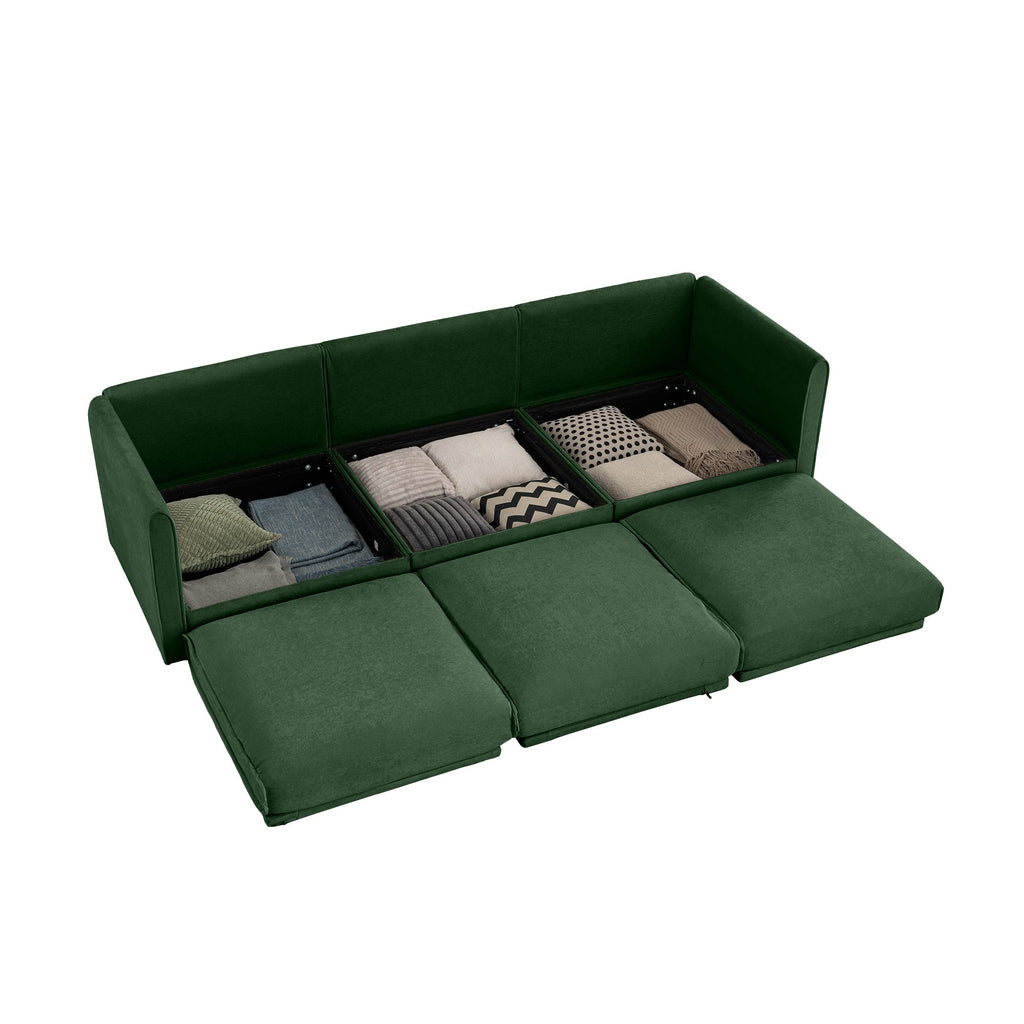 Elegant Green Chenille  Sofa with Storage Seat, Cylindrical Backrest and Armrests, Contemporary 3-Seater Fabric Couch with Hidden Storage Compartment