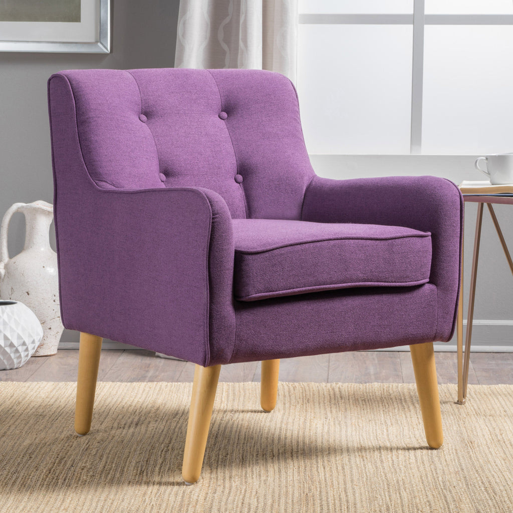 Mid-Century Modern Arm Chair with Tufted Back in Purple Fabric and Birch Wood Legs