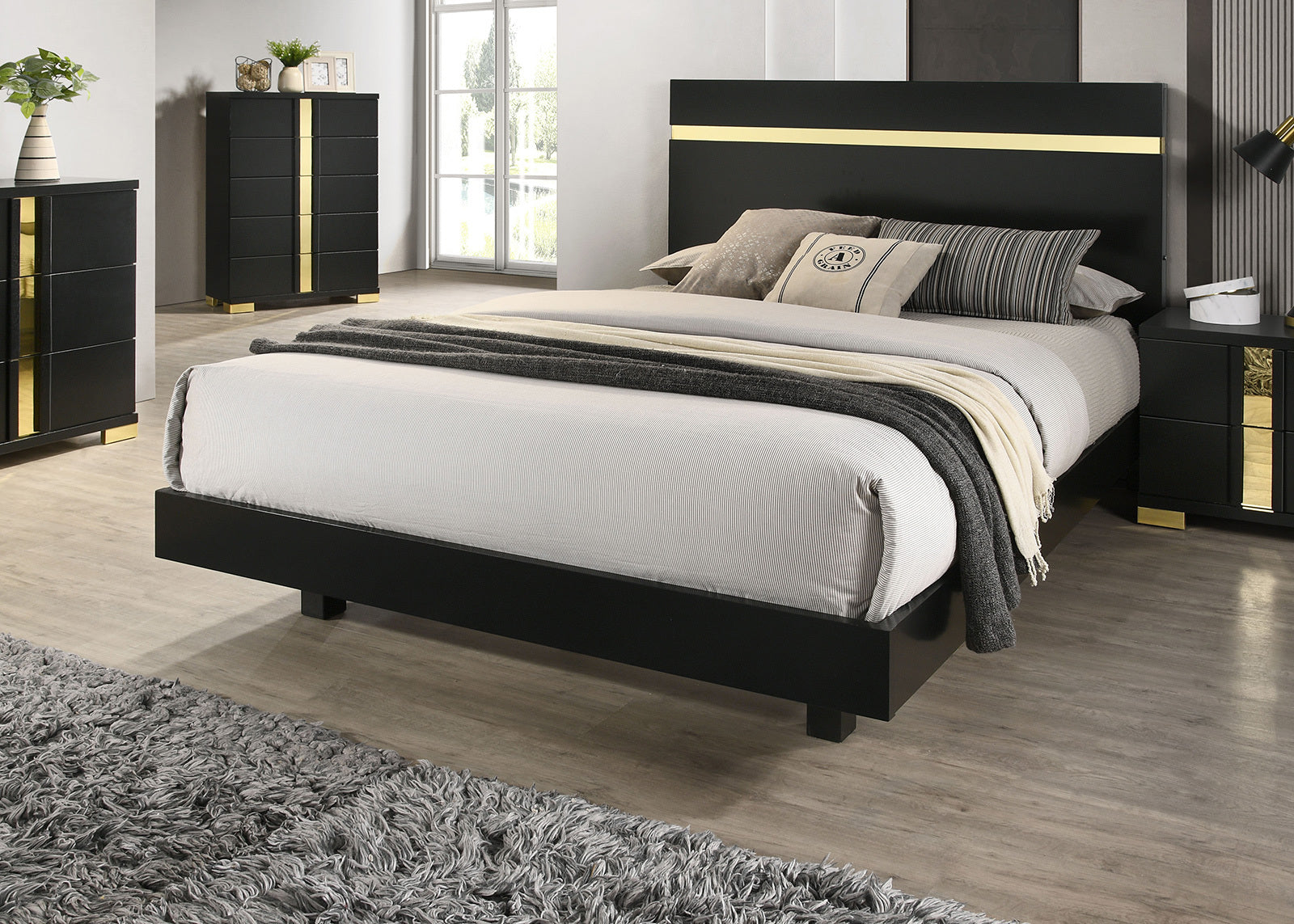 Modern Black 3pc Bedroom Set Full Size Bed w LED 2x Nightstands Mattress Ready Furniture Acrylic Trim