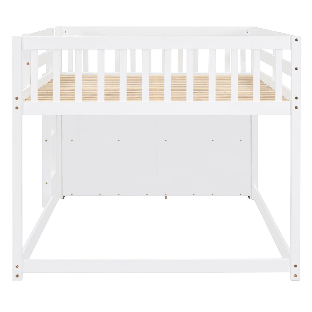Elegant White Full Over Full Bunk Bed with Storage and Shelves - Solid Wood and Durable Design