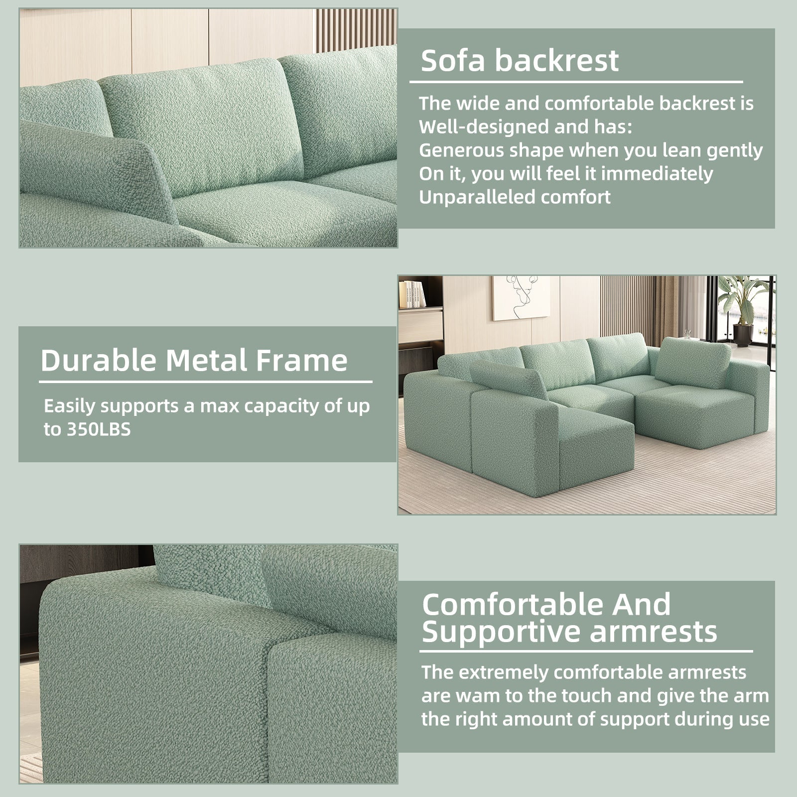 104.32*70.86 Modular Sectional Sofa Sleeper Couch, Sectional Sofa with Chaise and Ottoman, Convertible U Shaped Modular Sofa Set. Compressed spon, Light Green (Combo 3A+2B)