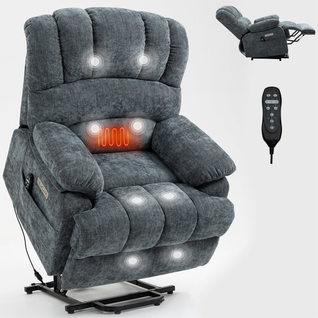 23' Seat Width and High Back Large Size Blue Grey Chenille Power Lift Recliner Chair with 8-Point Vibration Massage and Lumbar Heating