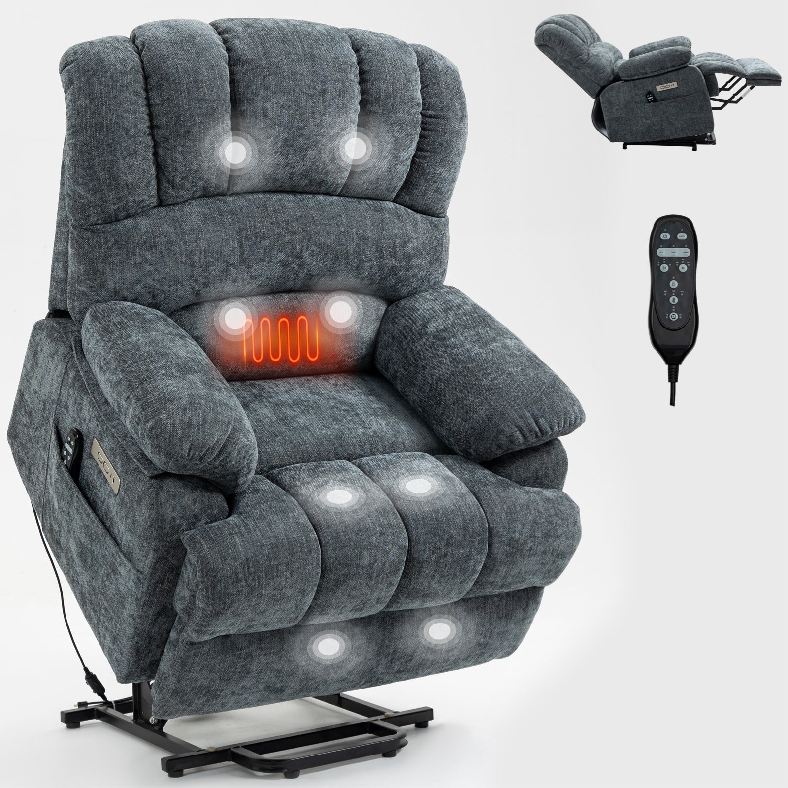 23' Seat Width and High Back Large Size Blue Grey Chenille Power Lift Recliner Chair with 8-Point Vibration Massage and Lumbar Heating