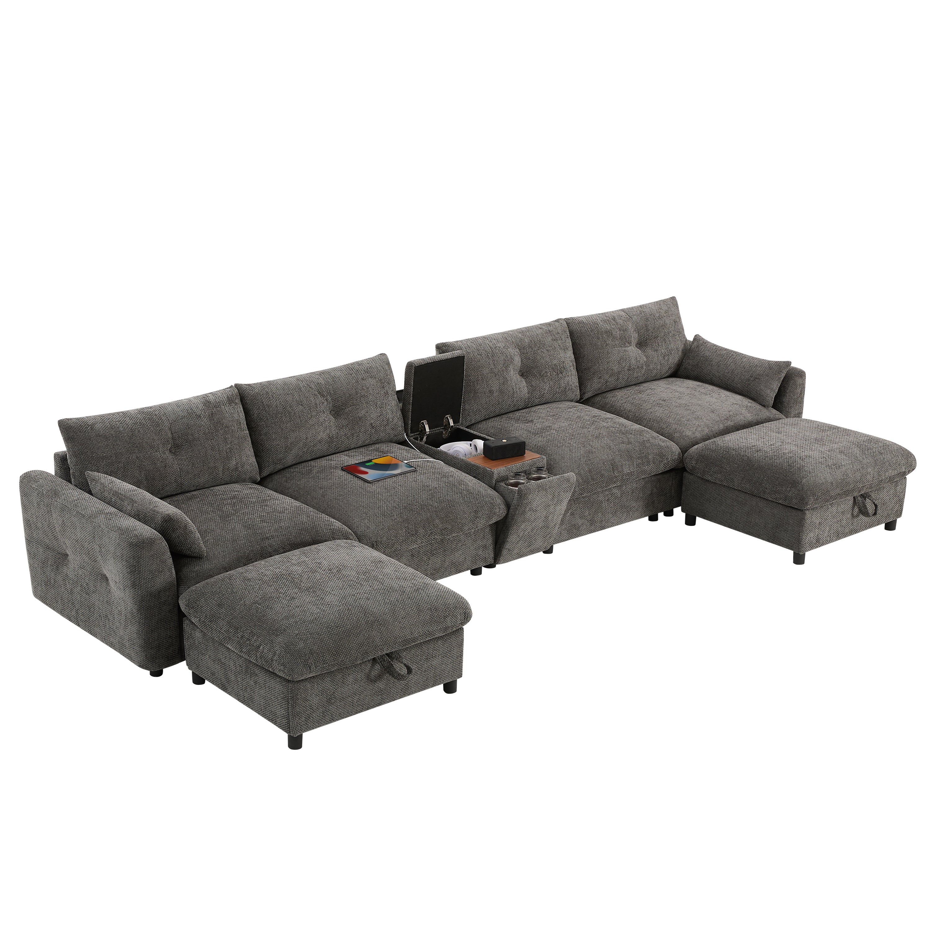 142'' Modular Sectional Sofa with Movable Storage Ottoman and Console,Cup Holder,Wide Seat,6 Seat U Shaped Couch,Oversized Chenille Sofa with USB Charger for Living Room,Apartment,2 Colors