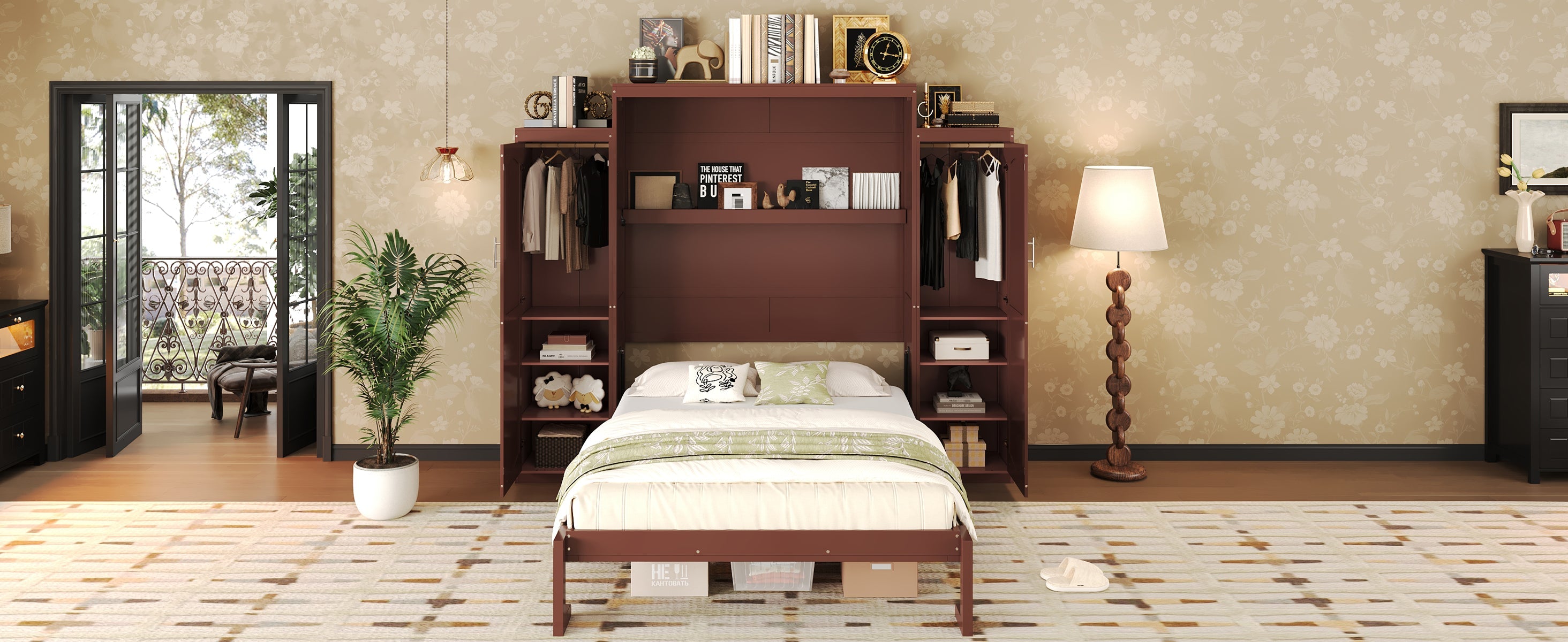 Queen Size Murphy Bed, Wooden Queen Wall Bed with 2 Wardrobe and Storage Shelf, Multifunctional Foldable Platform Bedframe for Guest-Room, Bedroom, Walnut