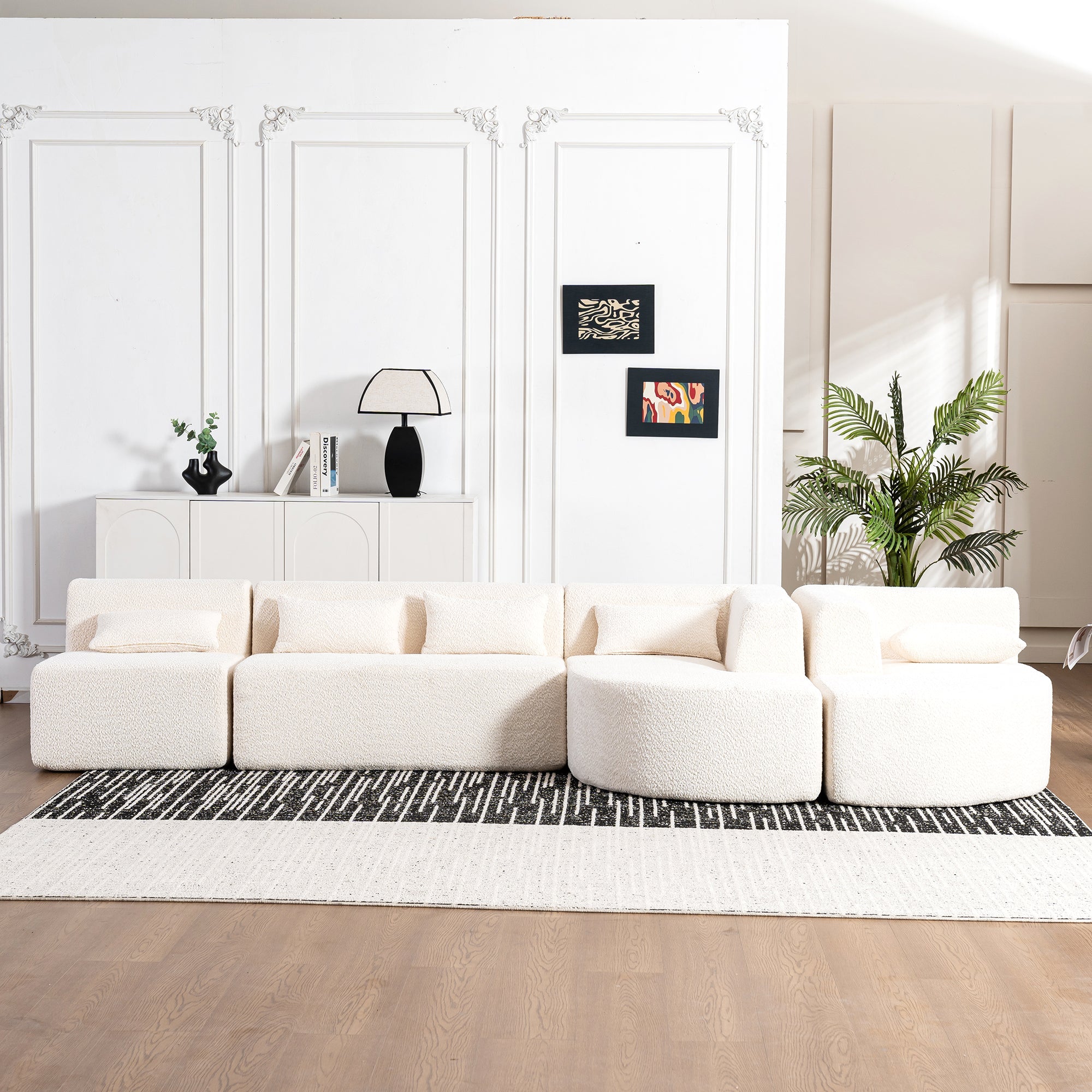 144' Upholstered Sofa Free-combined Sofa Couch with Two Chaise Lounge and Five Back Pillows for Living Room(Old SKU: N719S001600A), Beige