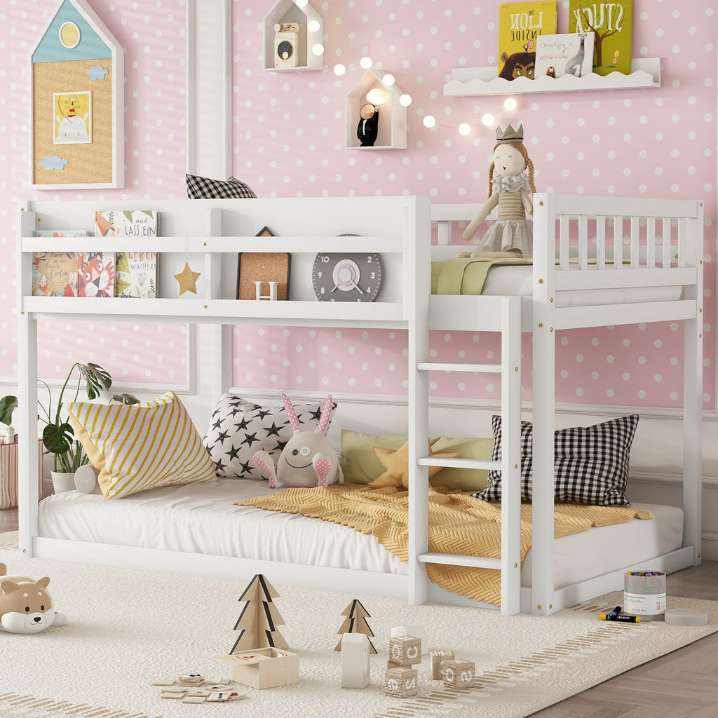 Low Twin Over Twin Bunk Bed, Floor Bunk Bed with Ladder, Solid Wood Twin Bunk Bed for Kids & Juniors, White(Expect Arrival Date 2025/11/25)