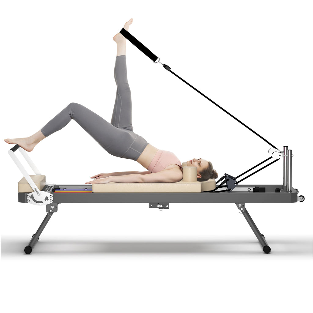 Pilates Reformer Machine for Home Gym Workout, Foldable Pilates Equipment with High Strength Alloy Springs for Beginners, Up to 330lbs,Beige