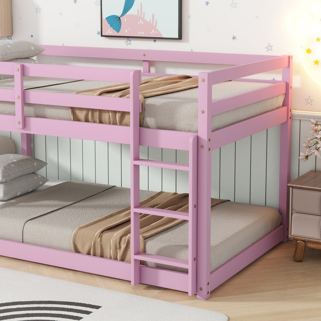 Solid Wooden, Solid Rubber Wooden Twin over Twin Floor Bunk Bed with Ladder, with Bed Platform of Strengthened Slats , Pink