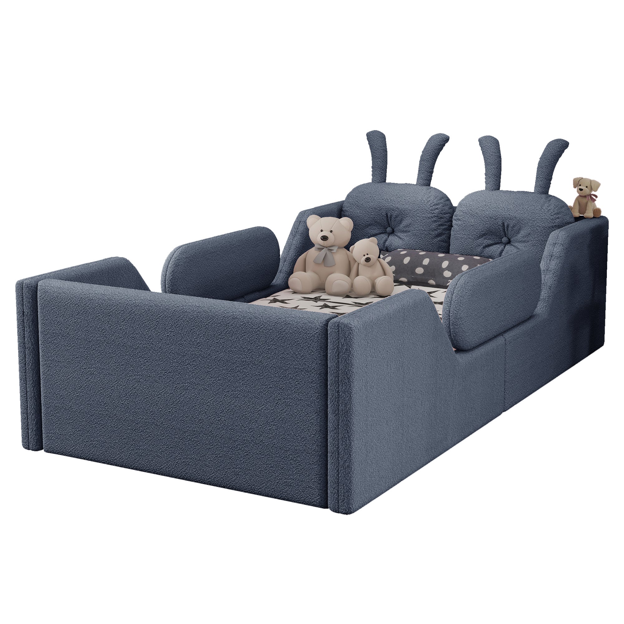 Twin Size Upholstered Platform Bed with Rabbit Cushion, Kids Floor Upholstered Bed with Removable Side Rails, Gray(Expect Arrival Date 2025/1/15)