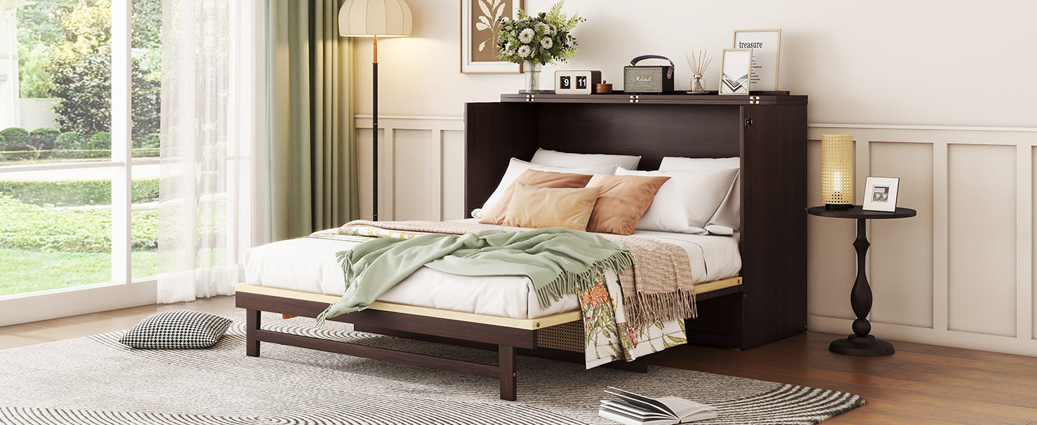 Queen Size Murphy Bed, Pine Wood Cabinet Bed with Rattan Decoration and Storage Drawer,Espresso