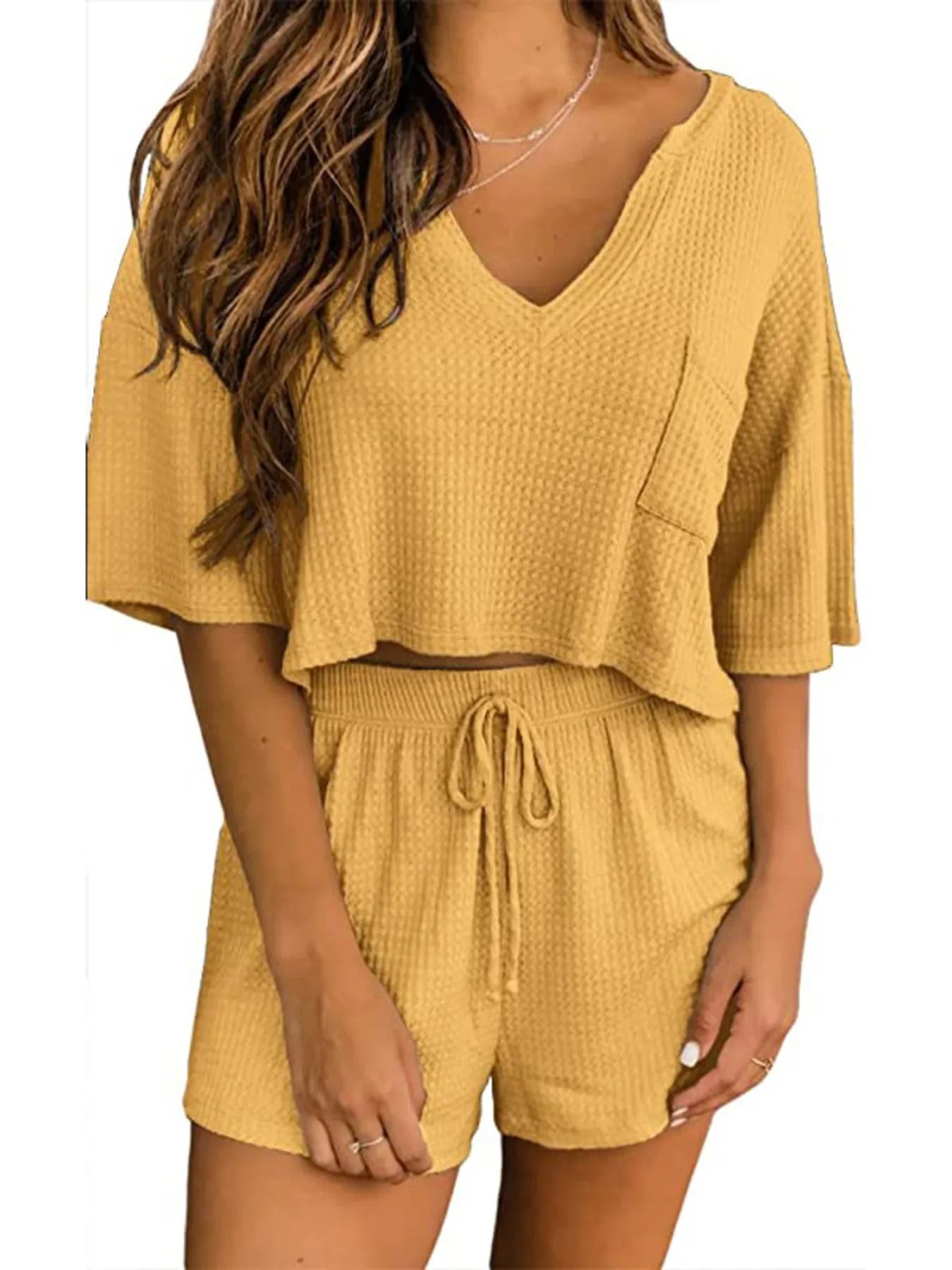 Waffle Knit Top and Shorts Lounge Set