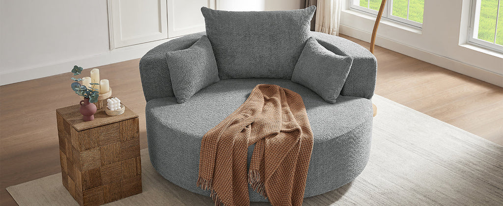 Modern Accent Swivel Barrel Chair with Removable Pillows, Grey Chenille, 56.3x56.3x35.5 in