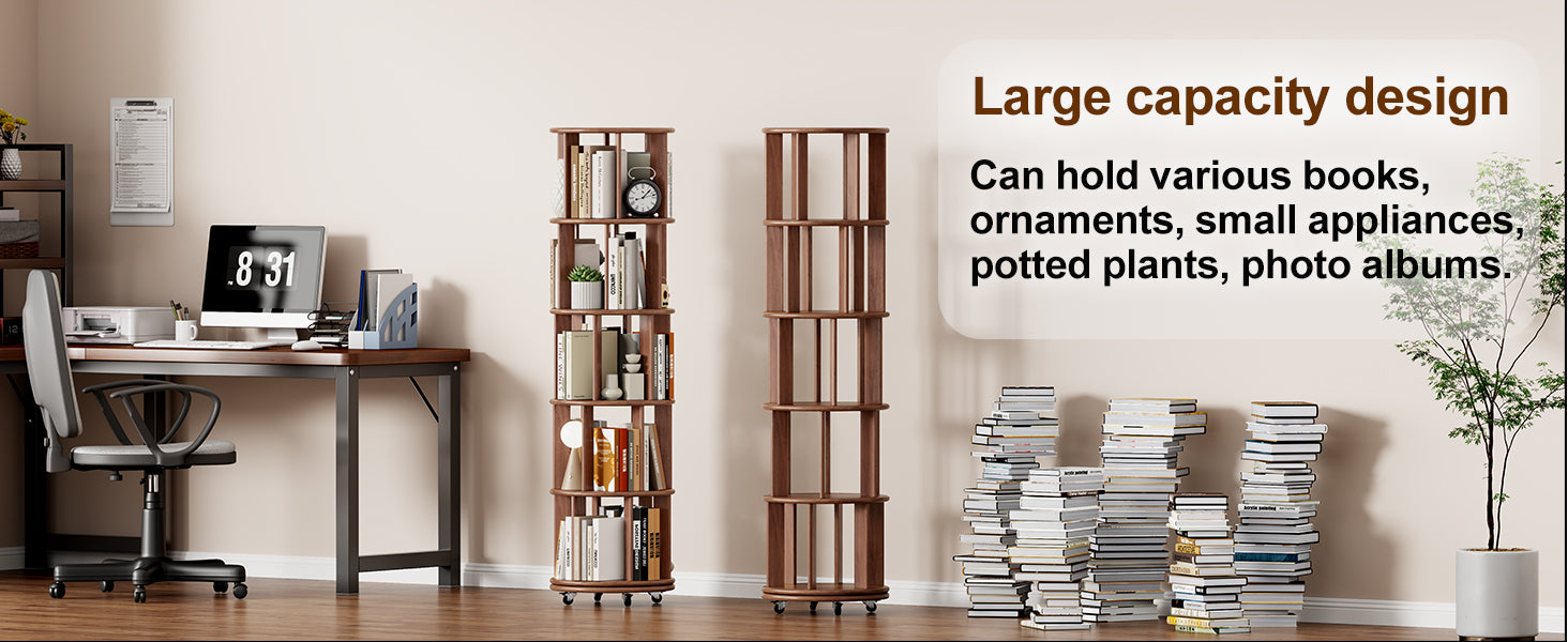 100%Solid Wood Rotating Bookshelf on Wheels,5 Tier, Round Revolving Bookcase, 360° Spinning Book Shelf Tower for Kids, Narrow Rolling Bookshelves for Small Space, Corner, Bedroom, Office, Walnut