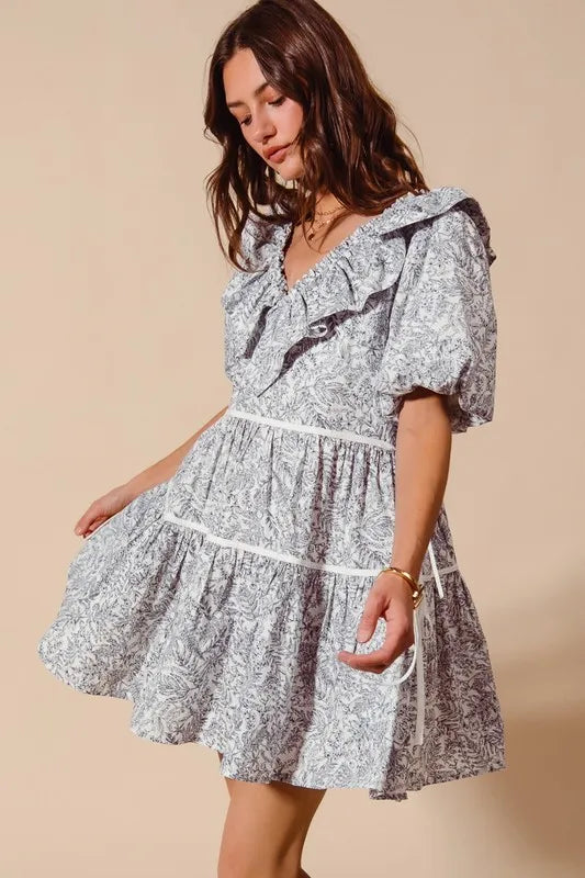 SO ME Cotton Printed Ruffle V Neckline Dress with Side Tie