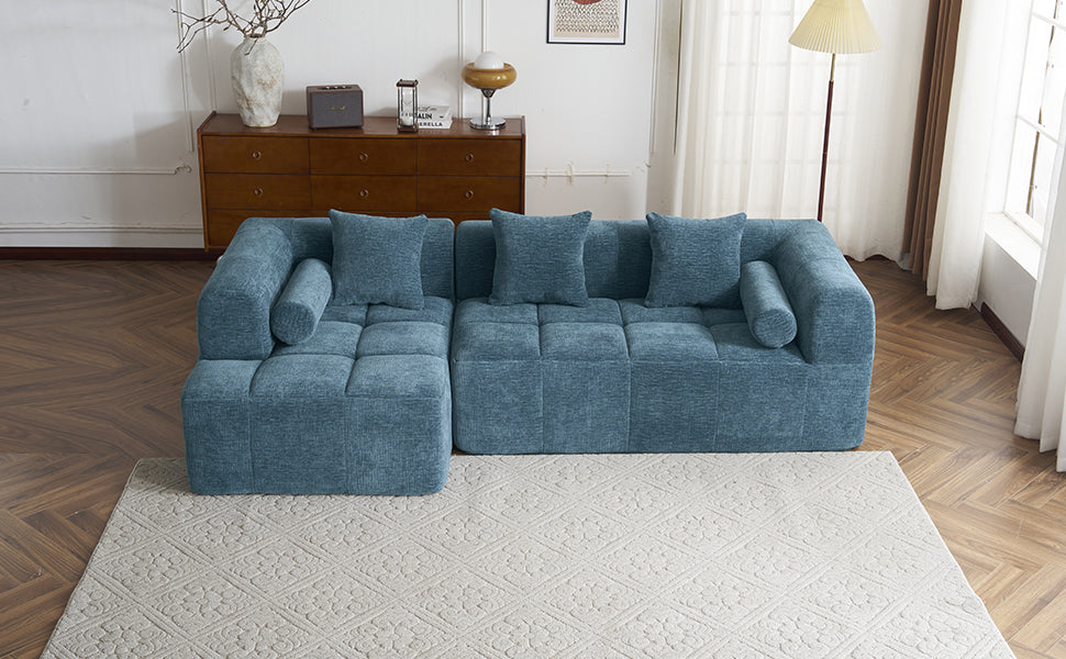Modern Modular Sofa with Deep Seating, Two Side Pockets, and Plush Pillows in Blue Chenille Fabric, 101.2'