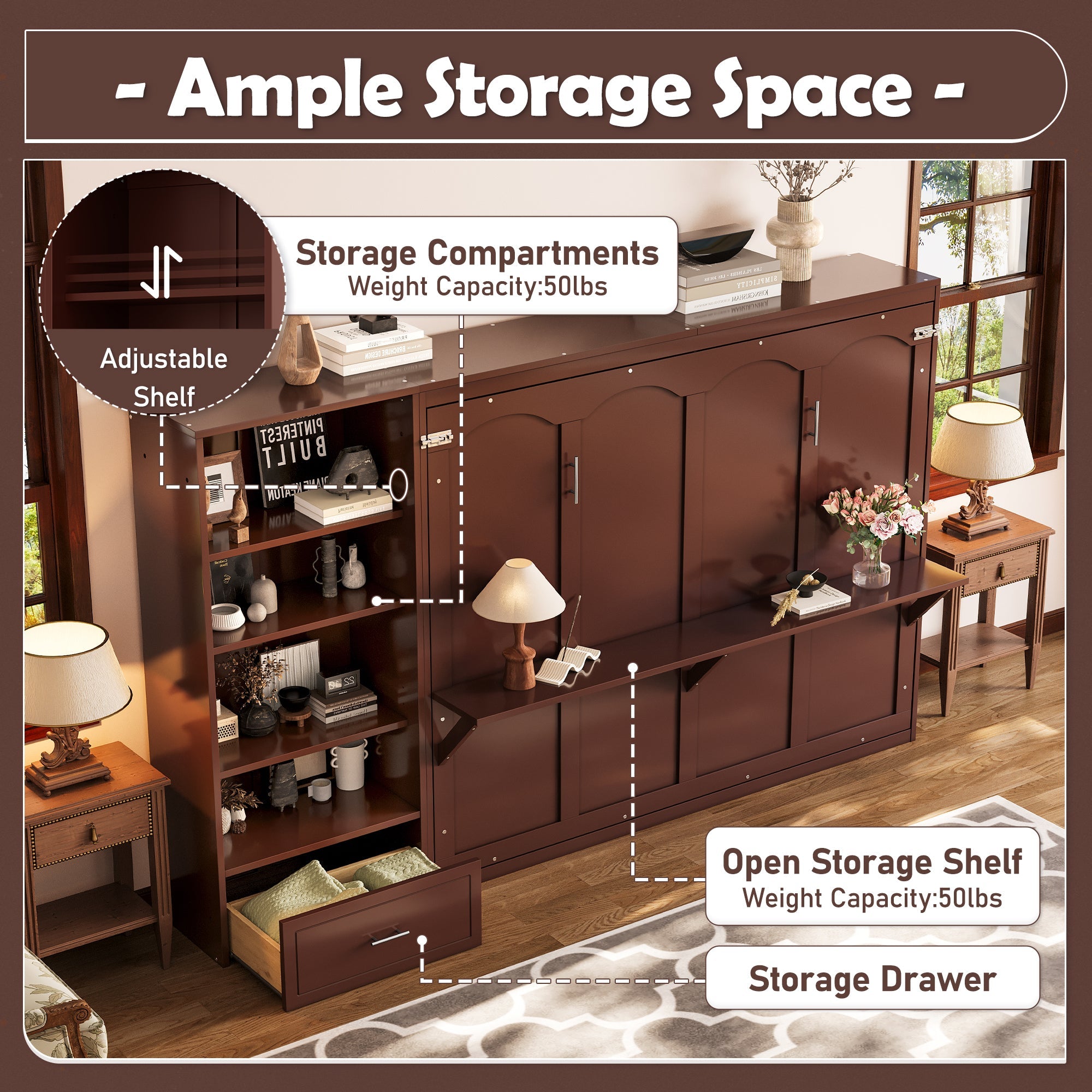Queen Size Murphy Bed with Height Adjustable Storage Compartments and Shelf, Wall Bed Frame With 1 Drawer, Multifunctional Foldable Platform Bed for Small Space,Bedroom,Guest Room, Walnut