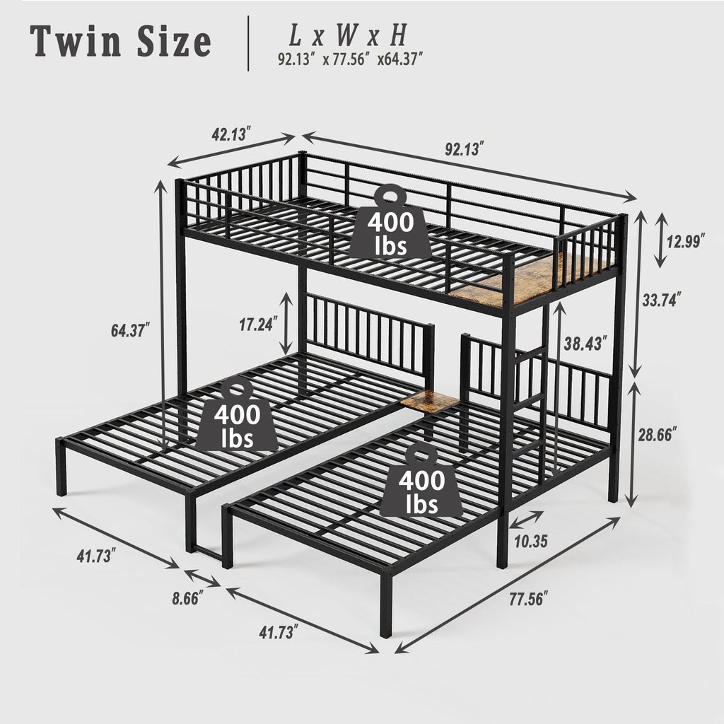 Triple Bunk Bed for Kids,3 Bed Bunk Beds for 3,Metal Triple Bunk Beds,Separates Into 3 Twin Beds,Noise Reduced Structure,Black