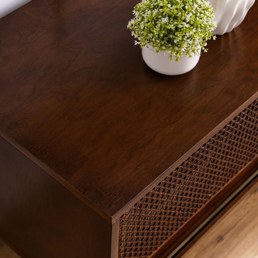 59 Inch Mid Century Modern Rattan TV Stand for 65 Inch TV, Entertainment Cabinet, Media Console for Living Room Bedroom Media Room, Solid Wood Feet & Rattan Cabinet Doors - Dark Wood