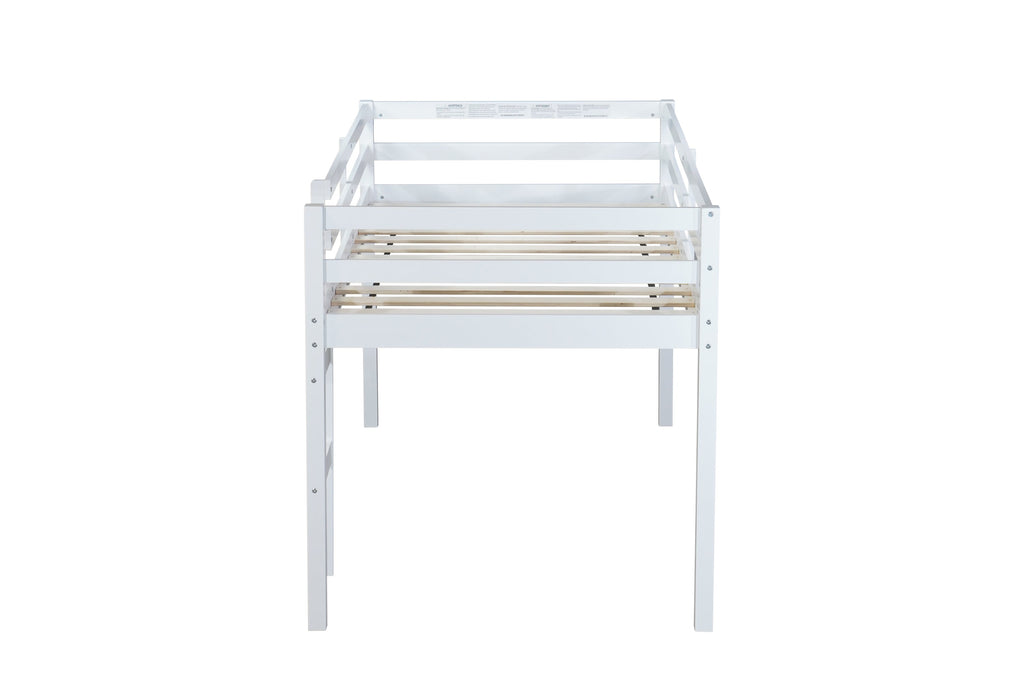 Solid Wooden, Rubber Wooden Twin Loft Bed with Ladder, Bed Platform of Strengthened Slats , White