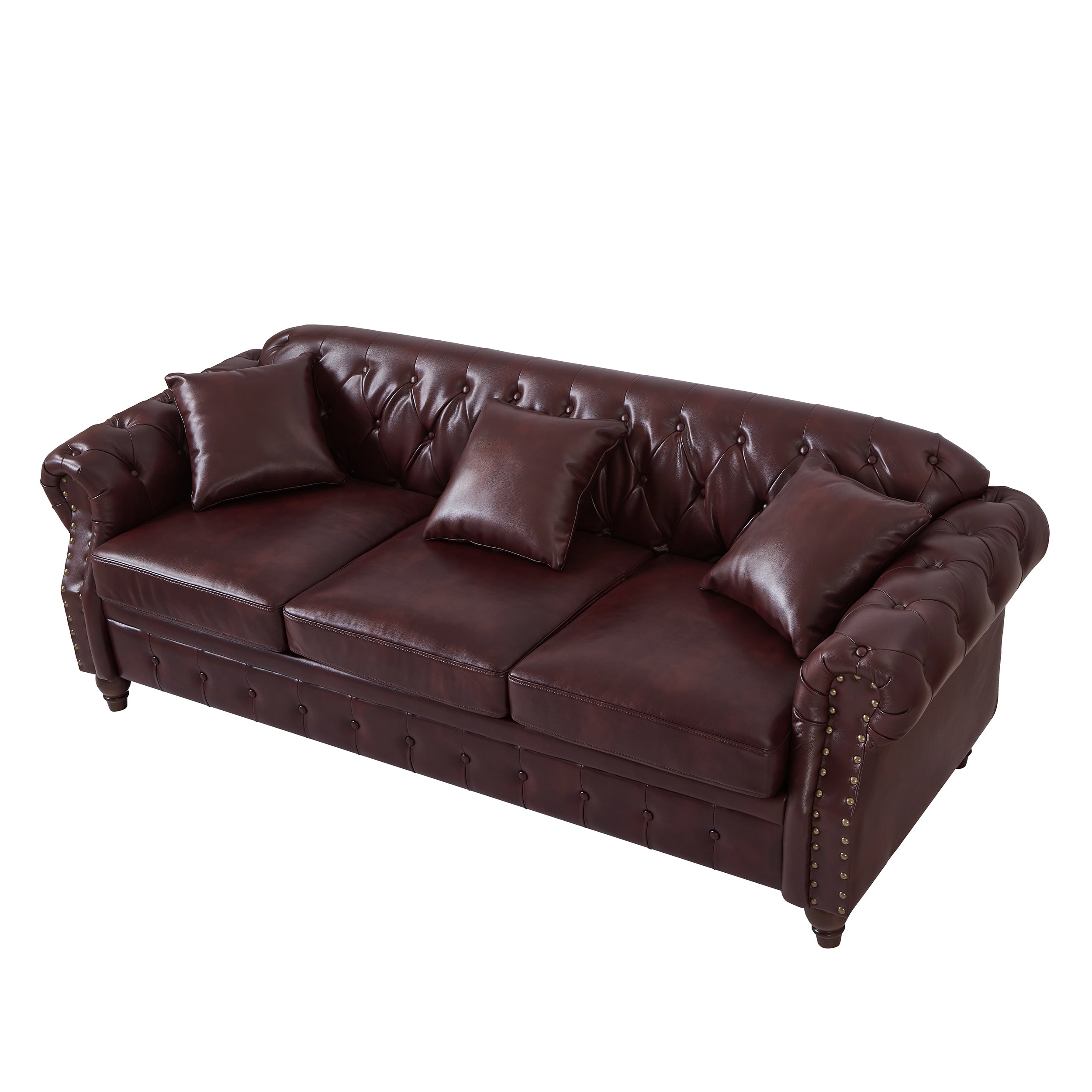 85.8' Living Room Chesterfield Sofa Classic Tufted Design Faux Leather PU Upholstered Sofa with Storage (Burgundy)