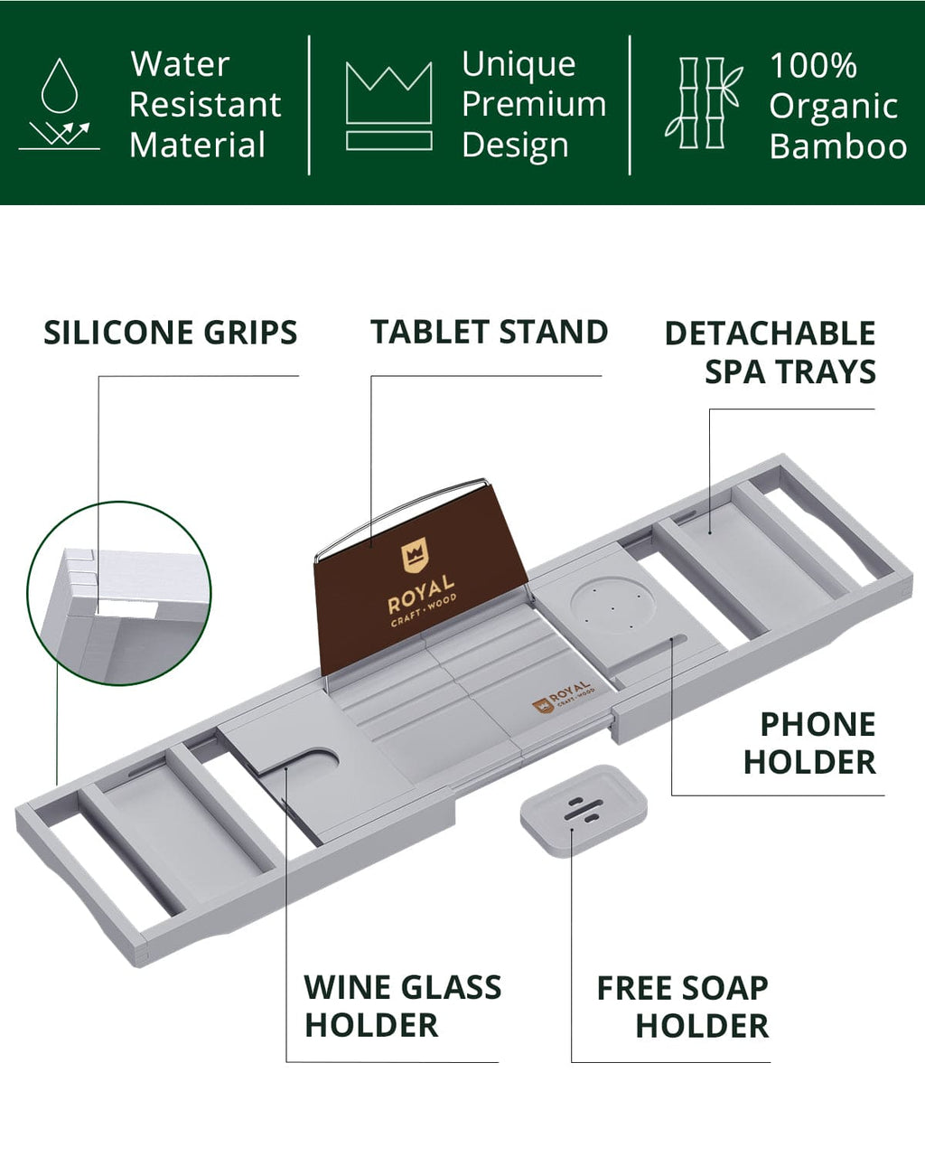 Bathtub Caddy Tray, Gray