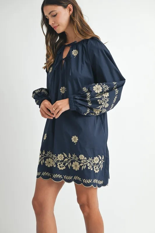 MABLE Embroidered Long Sleeve Peasant Mini Dress
