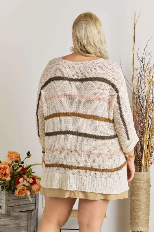 ADORA Full Size Multi Color Strip Sweater Plus Size