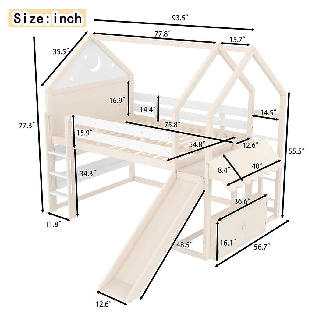 Full Size Loft Bed with Bookshelf Playful Design for Kids House-Shaped Structure with Slide High-Quality Safety Rails,Beige