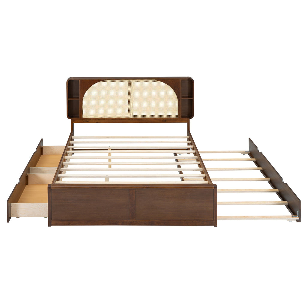 Queen Size Rattan Headboard Bed with Two Drawers and Trundle, Walnut