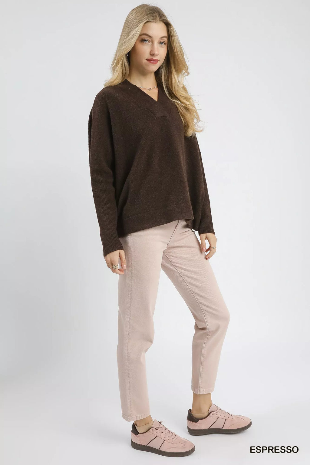 Umgee V-Neck Sweater with Wide Trim Detail