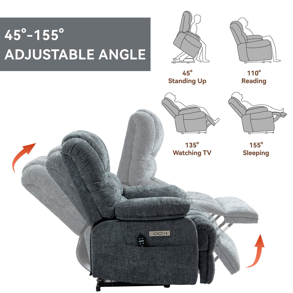 23' Seat Width and High Back Large Size Blue Grey Chenille Power Lift Recliner Chair with 8-Point Vibration Massage and Lumbar Heating