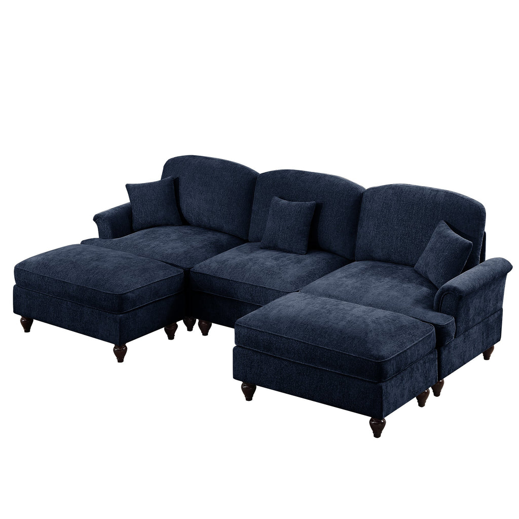 Classic Comfy Modular U Shape Sectional Sofa Couch with Flared Arms and Removable Ruffles Pleats Skirts and Spindle Legs, Upholstered Chenille Deep Seat Cloud Sofa with Movable Ottomans, Blue