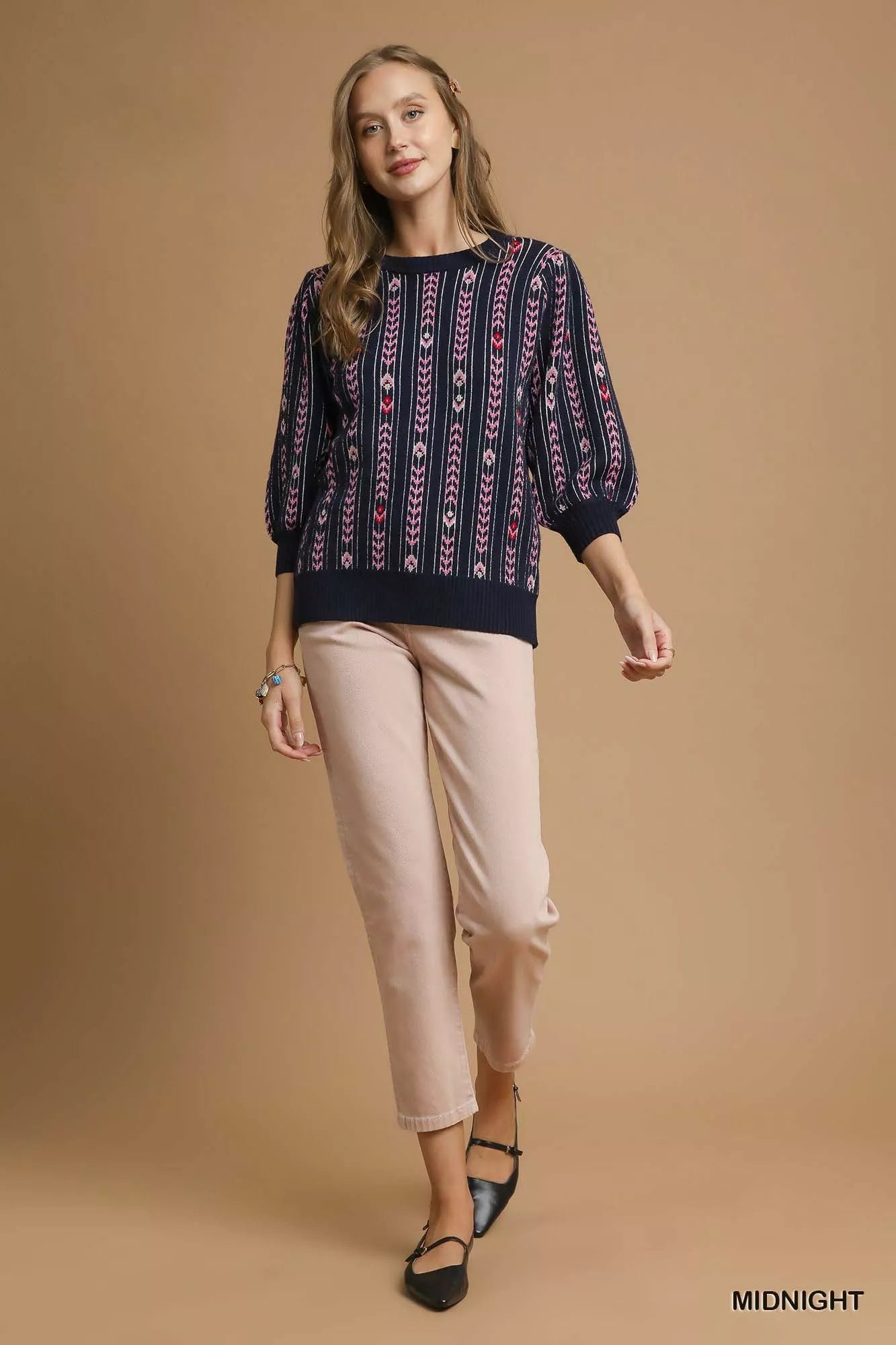 Umgee Jacquard Knit Puff Sleeve Sweater