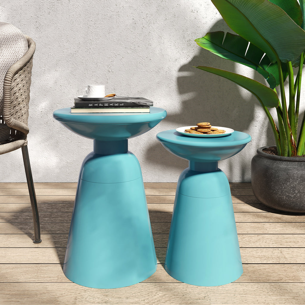 Serenita Outdoor Iron Side Tables with Flared Design, Set of 2 , Teal