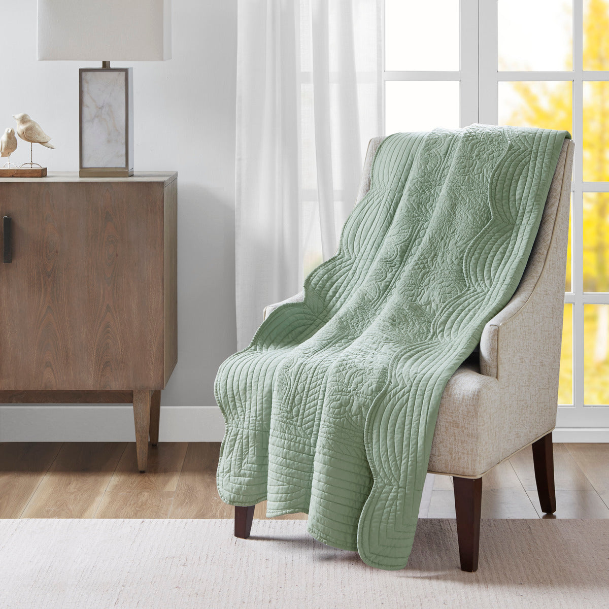 Oversized Quilted Throw with Scalloped Edges Seafoam 60x72'