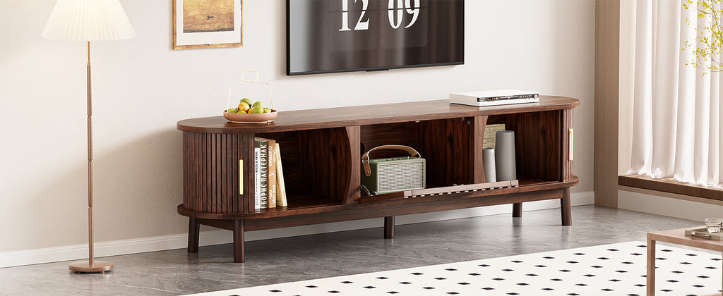 Modern Farmhouse TV Stand for 75' TVs, Wood Entertainment Center with Storage Cabinet, TV Console Table for Living Room, Bedroom