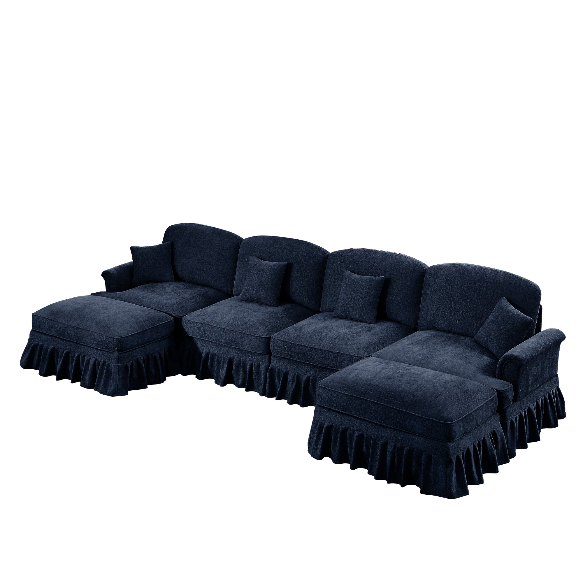 Classic U Shape 4 Seater Modular Sectional Sofa Couch with Flared Arms and Removable Ruffles Pleats Skirts and Spindle Legs, Chenille Deep Seat Cloud Sofa with Movable Ottomans, Blue