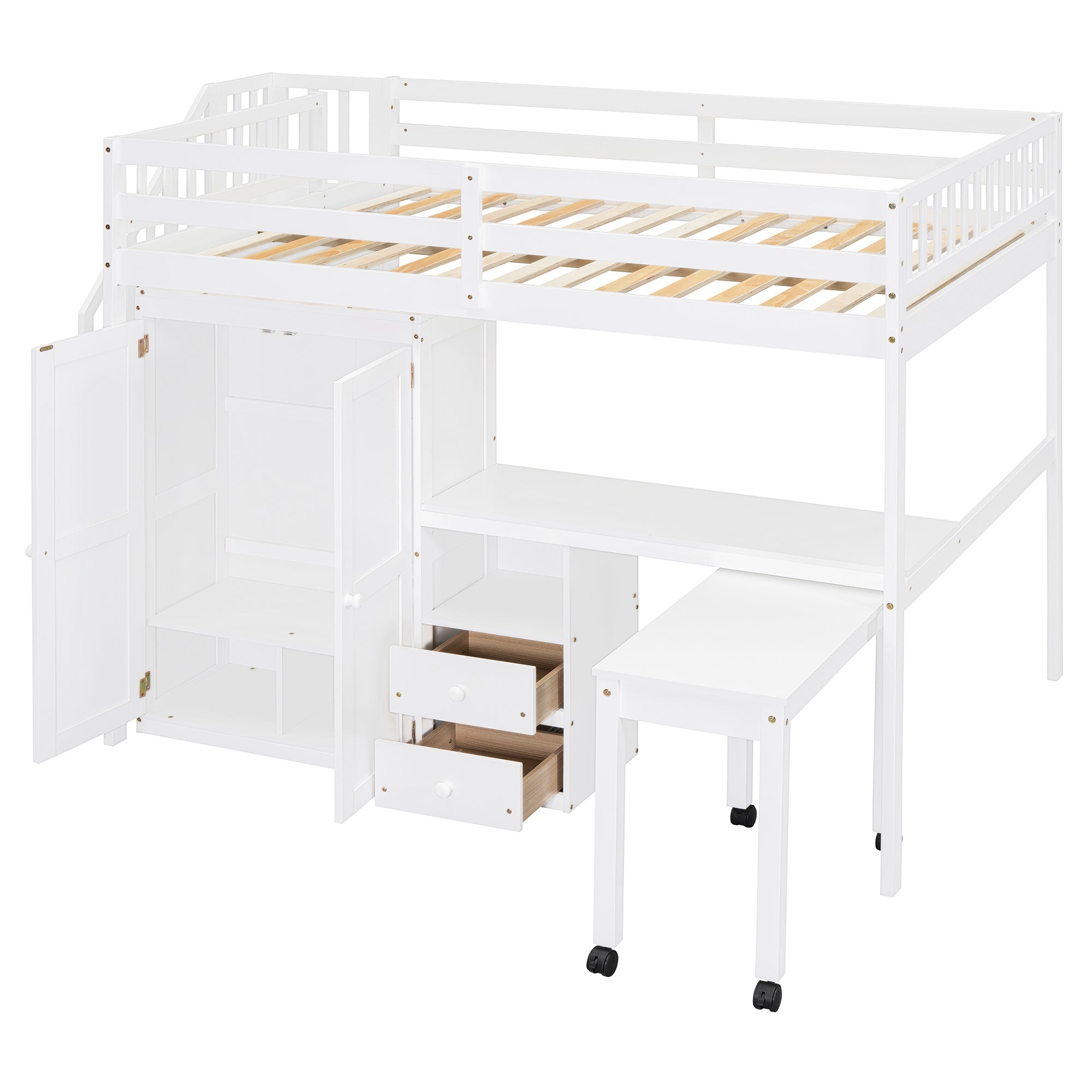 Full Size Loft Bed with Stairs, Bookshelf, Drawers, Desk & Wardrobe – Space-Saving Multifunctional Furniture for Kids & Teens-White