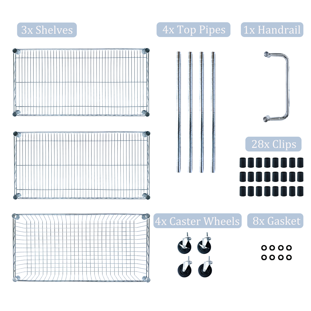 Heavy Duty Rolling Utility Cart,3 Tier Rolling Carts with Wheels,with Handle Bar & Shelf Liners,36'x18'x32'Storage Cart for Kitchen,Restaurant,Plant Display,Chrome