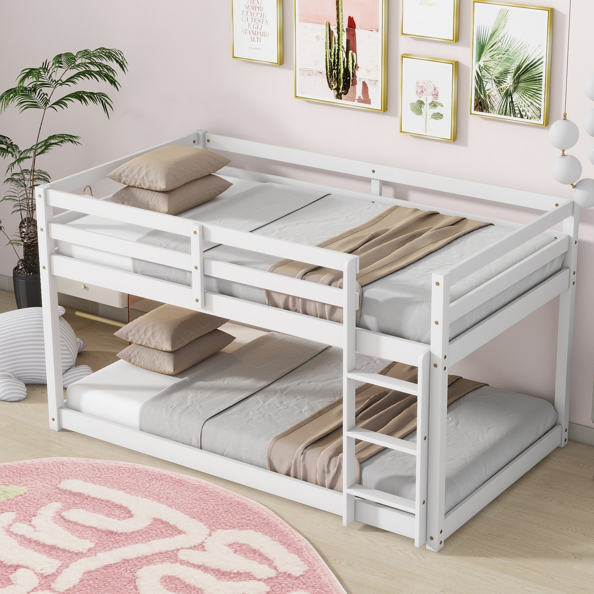 Solid Wooden, Solid Rubber Wooden Twin over Twin Floor Bunk Bed with Ladder, with Bed Platform of Strengthened Slats,White