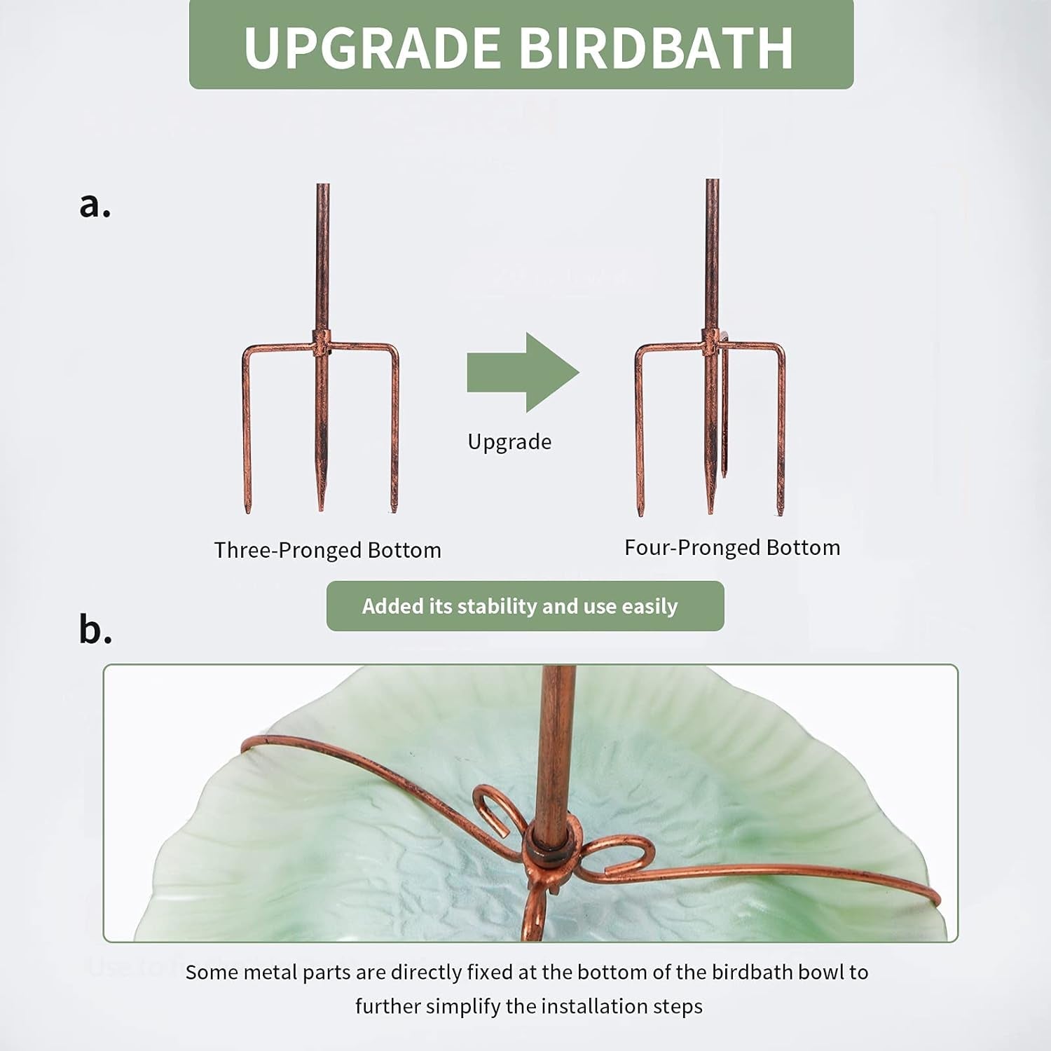 26 Inch Height Glass Birdbath Birdfeeder with Metal Stake Garden Outdoor Green