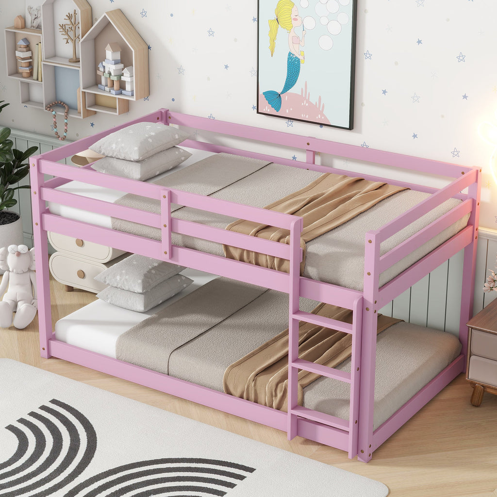 Solid Wooden, Solid Rubber Wooden Twin over Twin Floor Bunk Bed with Ladder, with Bed Platform of Strengthened Slats , Pink