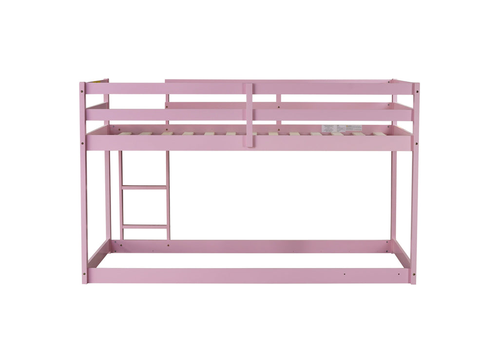 Solid Wooden, Solid Rubber Wooden Twin over Twin Floor Bunk Bed with Ladder, with Bed Platform of Strengthened Slats , Pink