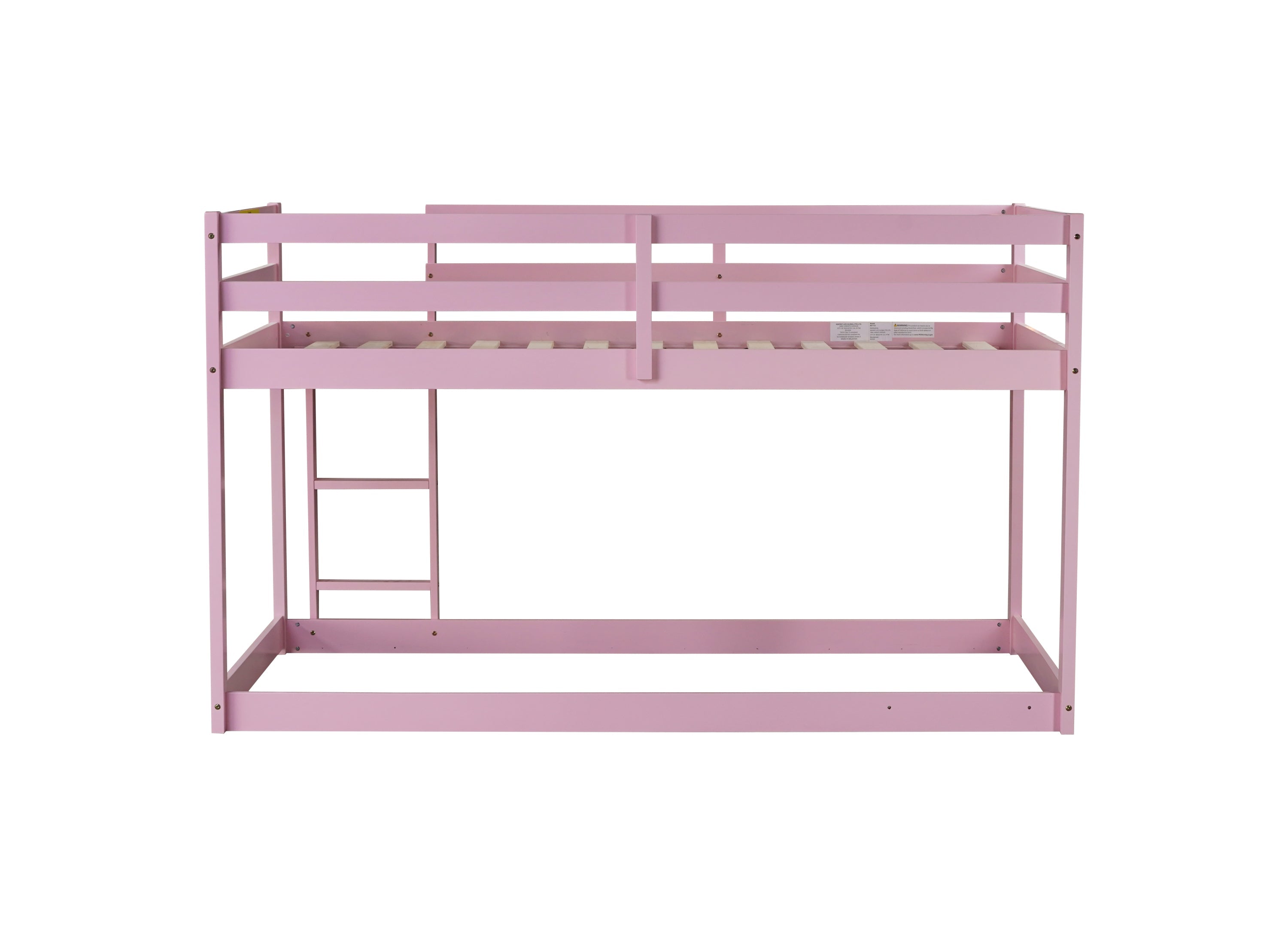 Solid Wooden, Solid Rubber Wooden Twin over Twin Floor Bunk Bed with Ladder, with Bed Platform of Strengthened Slats , Pink