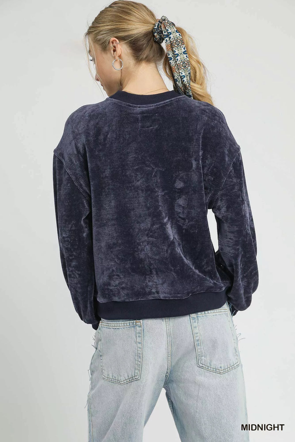 Umgee Velour Crewneck Balloon Sleeve Sweatshirt